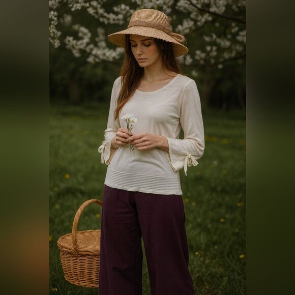 Sweater/top White w/ Ties at Wrists M Cream Quiet Luxury Light Academia Flawed - Picture 1 of 6